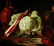Cristoforo Munari Vasellame di terracotta, zucca, verza, spalla di maiale e piatto con coltello Piatti, vasellame di coccio e di peltro, bistecca e galli oil painting